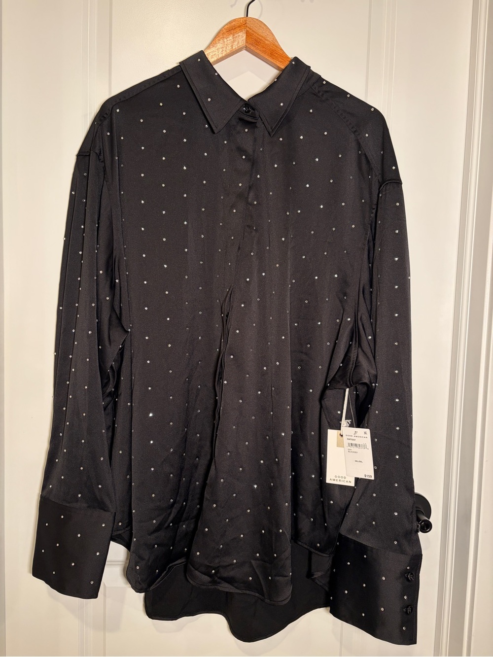 NWT Good American Crystal Satin Rhinestone Button Down Shirt Black 4XL/5XL